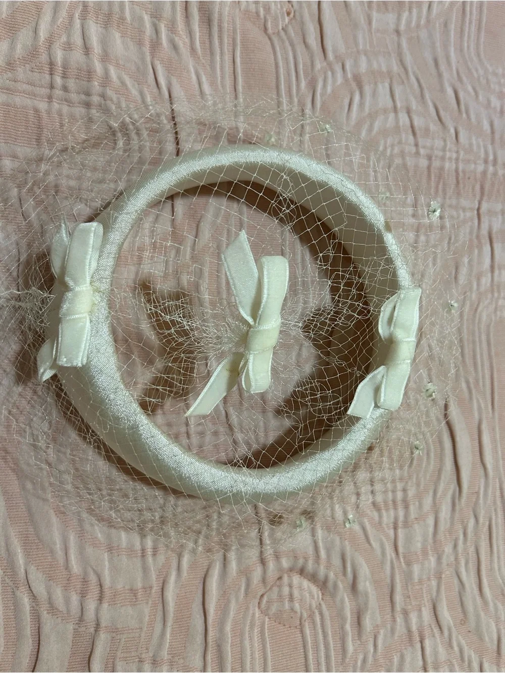 Vintage Ivory Satin Veiled Pillbox Hat with Bows